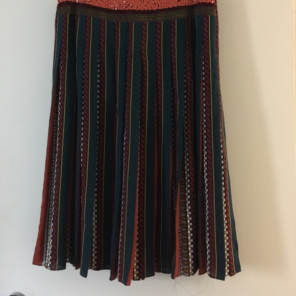 TORY BURCH Silk Pleated Print Skirt Sequin Waistband 6 - Picture 2 of 7